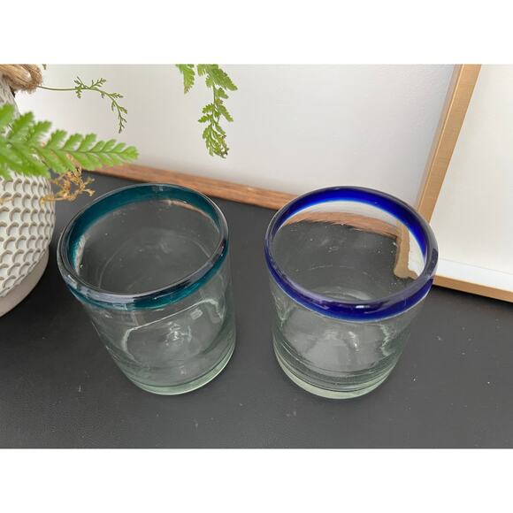 Vintage Mexican Hand Blown Cobalt Blue & Teal-Rimmed Glasses / Juice Water Glass - Picture 7 of 9